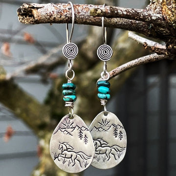 Freedom - Sterling Silver and Genuine Arizona Turquoise Running Horse Earrings