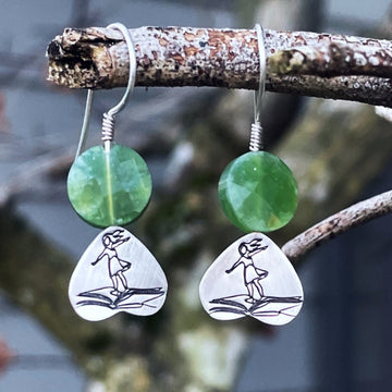 On a Book I Fly Away - Green Nephrite Jade & Sterling Silver Earrings
