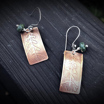 Quiet Pines - Artisan Sterling Silver and Copper Etched Green Jade Evergreen Earrings