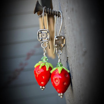 Classy Berries - Sterling Silver and Strawberry Lampwork earrings