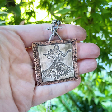 Hand-etched, one of a kind Groovy Freedom!  Sterling Silver & Copper Dancing Woman Lady Pattern Scene Pendant Necklace